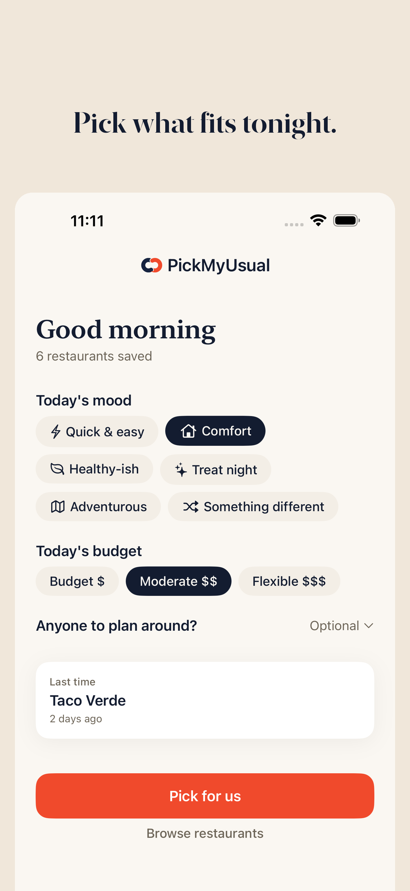 Mood and budget selections highlighted in PickMyUsual.
