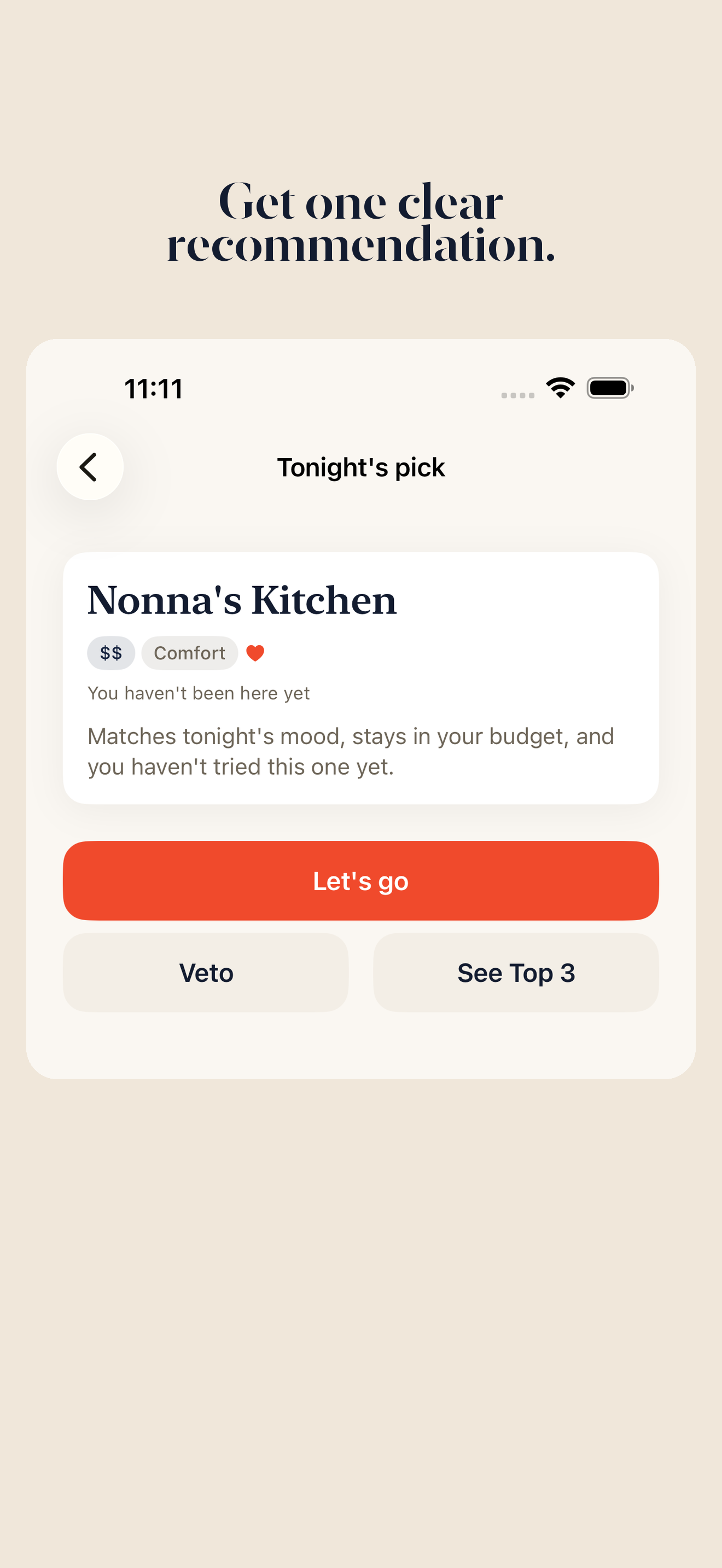 A PickMyUsual recommendation card for Nonna's Kitchen with a short reason and actions.